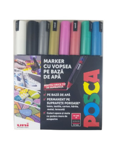 M1513,Marker UNI Posca PC-1MR, varf fin metalic, 0.7mm, set 8 culori metalizate