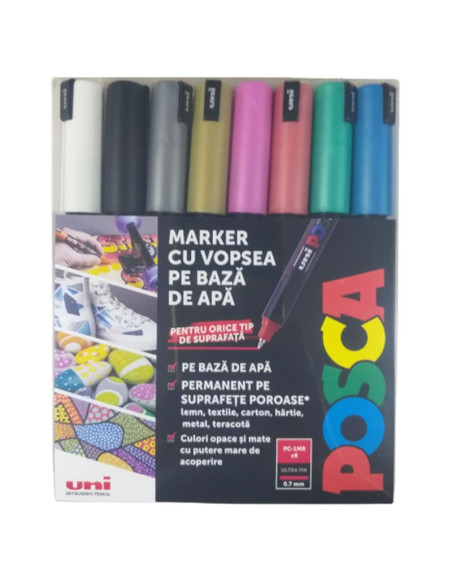 M1513,Marker UNI Posca PC-1MR, varf fin metalic, 0.7mm, set 8 culori metalizate