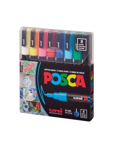 M1483,Marker UNI Posca PC-3M, varf rotund, 0.9-1.3mm, set 8 culori