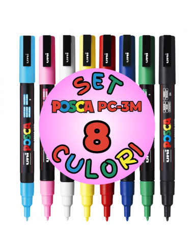 M1483,Marker UNI Posca PC-3M, varf rotund, 0.9-1.3mm, set 8 culori