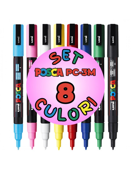 M1483,Marker UNI Posca PC-3M, varf rotund, 0.9-1.3mm, set 8 culori
