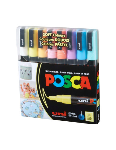 M1484,Marker UNI Posca PC-3M, varf rotund, 0.9-1.3mm, set 8 culori pastel
