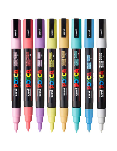 M1484,Marker UNI Posca PC-3M, varf rotund, 0.9-1.3mm, set 8 culori pastel