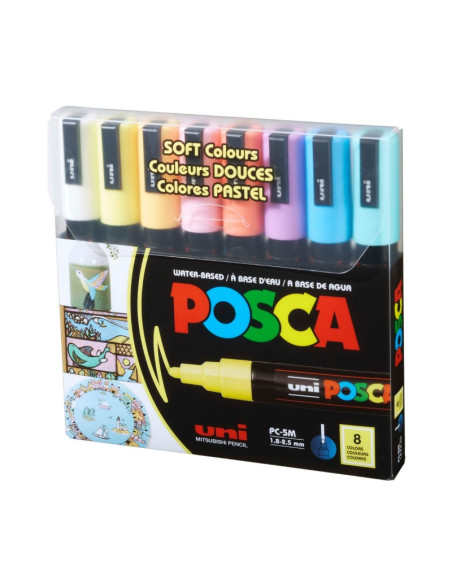 M1487,Marker UNI Posca PC-5M, varf rotund, 1.8-2.5mm, set 8 culori pastel