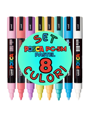 M1487,Marker UNI Posca PC-5M, varf rotund, 1.8-2.5mm, set 8 culori pastel