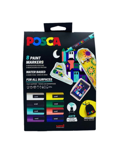 M1558,Set 8x Marker UNI Posca PC-5M, varf rotund, 1.8-2.5mm, cutie carton + saculet textil