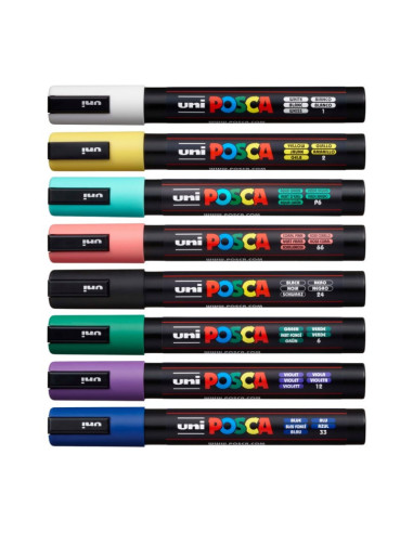 M1558,Set 8x Marker UNI Posca PC-5M, varf rotund, 1.8-2.5mm, cutie carton + saculet textil