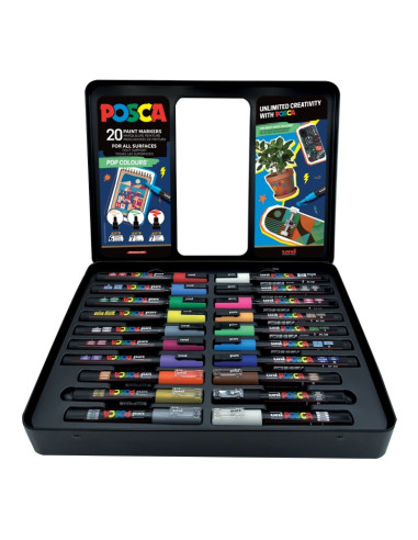C4306,Set 20x Marker UNI Posca POP Colours, cutie metalica (6x PC-1M, 7x PC-3M, 7x PC-5M)