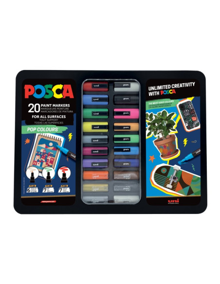C4306,Set 20x Marker UNI Posca POP Colours, cutie metalica (6x PC-1M, 7x PC-3M, 7x PC-5M)