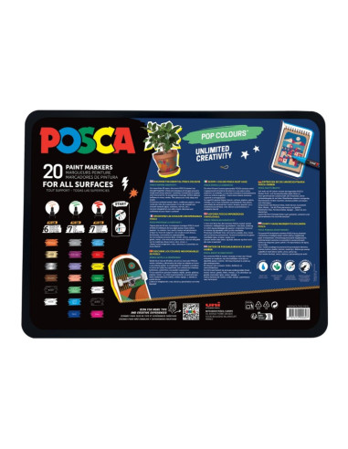 C4306,Set 20x Marker UNI Posca POP Colours, cutie metalica (6x PC-1M, 7x PC-3M, 7x PC-5M)