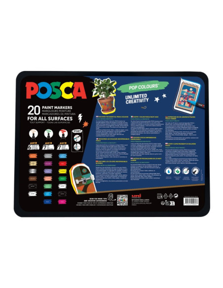 C4306,Set 20x Marker UNI Posca POP Colours, cutie metalica (6x PC-1M, 7x PC-3M, 7x PC-5M)