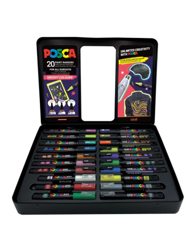 C4307,Set 20x Marker UNI Posca Groovy Colours, cutie metalica (6x PC-1M, 7x PC-3ML, 7x PC-5M)