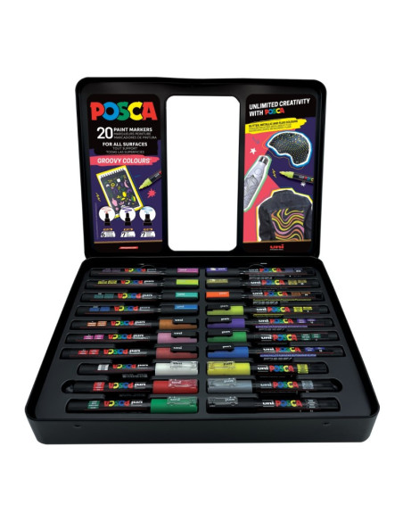 C4307,Set 20x Marker UNI Posca Groovy Colours, cutie metalica (6x PC-1M, 7x PC-3ML, 7x PC-5M)