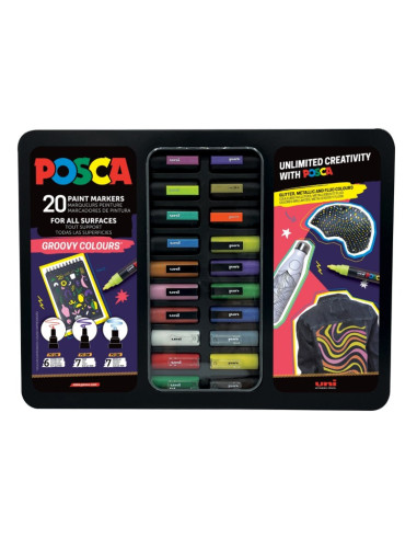 C4307,Set 20x Marker UNI Posca Groovy Colours, cutie metalica (6x PC-1M, 7x PC-3ML, 7x PC-5M)