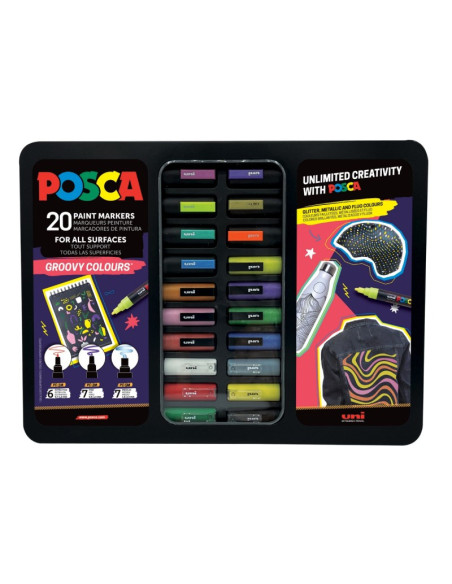 C4307,Set 20x Marker UNI Posca Groovy Colours, cutie metalica (6x PC-1M, 7x PC-3ML, 7x PC-5M)