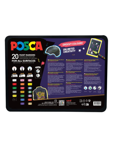 C4307,Set 20x Marker UNI Posca Groovy Colours, cutie metalica (6x PC-1M, 7x PC-3ML, 7x PC-5M)