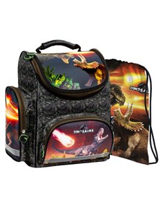 Set scoala DINOZAUR - Ghiozdan ergonomic + Sac incaltaminte, Derform