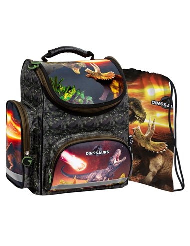 Set scoala DINOZAUR - Ghiozdan ergonomic + Sac incaltaminte, Derform