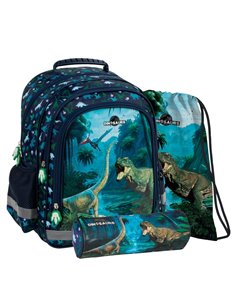 Set scoala DINOZAUR - Ghiozdan ergonomic + Penar etui + Sac incaltaminte, Derform