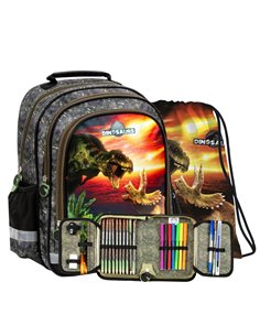 Set scoala DINOZAUR - Ghiozdan + Penar echipati + Sac incaltaminte, Derform