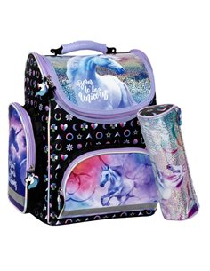 Set scoala UNICORN sclipici - Ghiozdan ergonomic + Penar etui, Derform