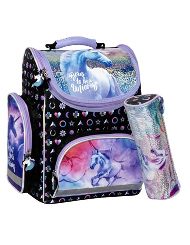 Set scoala UNICORN sclipici - Ghiozdan ergonomic + Penar etui, Derform