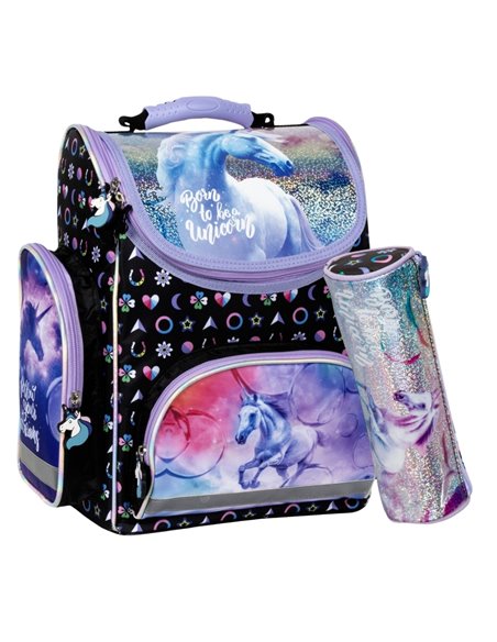 Set scoala UNICORN sclipici - Ghiozdan ergonomic + Penar etui, Derform