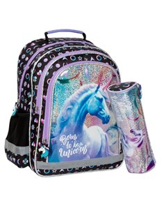 Set scoala UNICORN sclipici - Ghiozdan + Penar etui, Derform