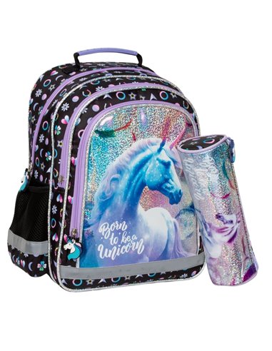 Set scoala UNICORN sclipici - Ghiozdan + Penar etui, Derform