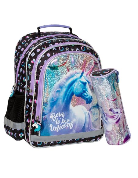 Set scoala UNICORN sclipici - Ghiozdan + Penar etui, Derform