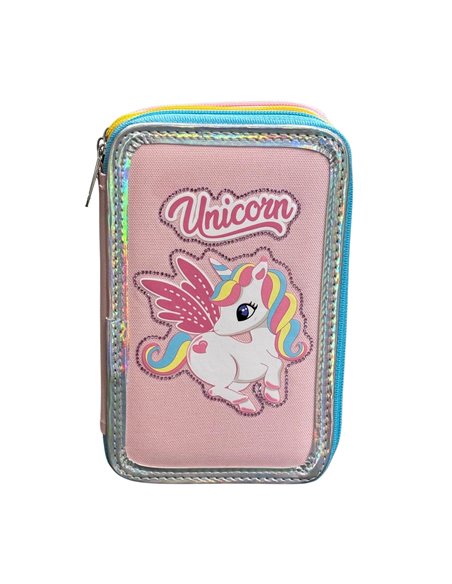 Penar neechipat cu 3 fermoare S-COOL SC3176, Motiv unicorn roz Penar neechipat cu 3 fermoare S-COOL SC3176, Motiv unicorn roz