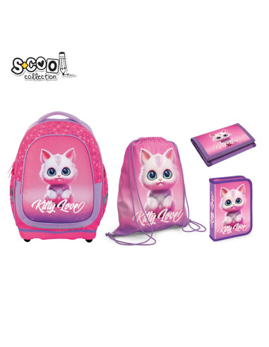 SC3208,Set Micul Scolar S-COOL SC3208: Ghiozdan, Penar echipat, Sac Sport, Portofel, Kitty Love SC3208,Set Micul Scolar S-COOL SC3208: Ghiozdan, Penar echipat, Sac Sport, Portofel, Kitty Love