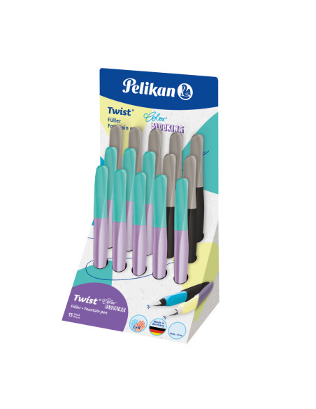 607612,Stilou twist color blocking, penita m, grip ergonomic, ambidextru, 1 rezerva mare inclusa, prezentare pe display 15 buc