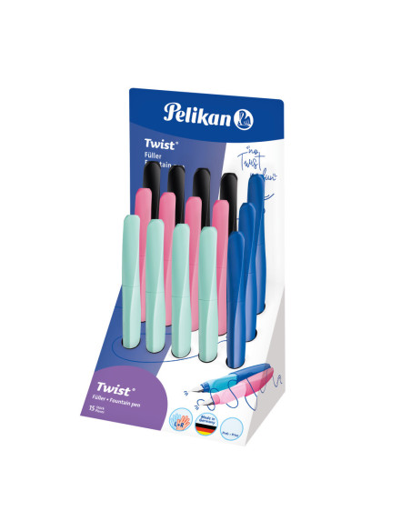 607629,Stilou twist penita m, grip ergonomic, ambidextru, 1 rezerva mare inclusa, prezentare pe display 15 buc, diverse culori