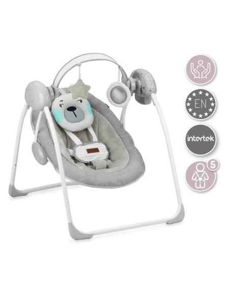 KC-BULE00015,Leagan pentru bebelusi, momi liss bear, gri/turcoaz, 5 viteze de balansare, cronometru, alimentare baterii, 8 melod