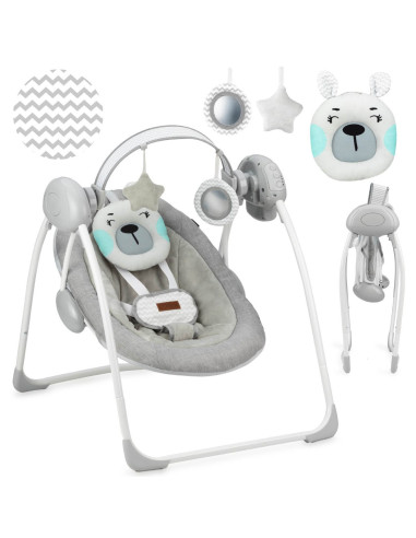 KC-BULE00015,Leagan pentru bebelusi, momi liss bear, gri/turcoaz, 5 viteze de balansare, cronometru, alimentare baterii, 8 melod