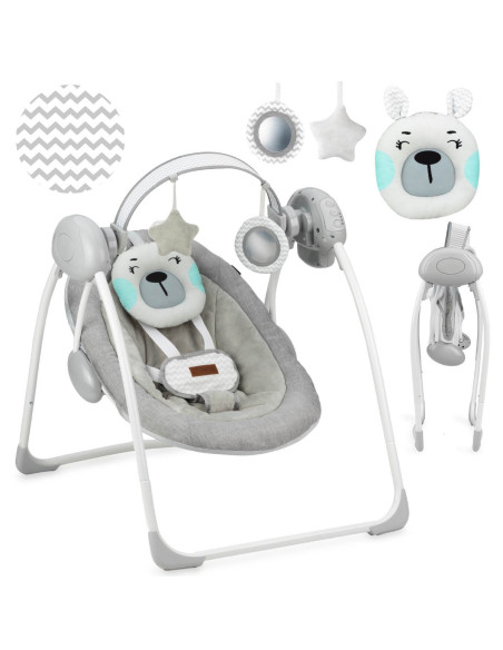 KC-BULE00015,Leagan pentru bebelusi, momi liss bear, gri/turcoaz, 5 viteze de balansare, cronometru, alimentare baterii, 8 melod