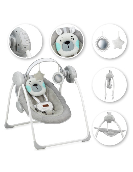 KC-BULE00015,Leagan pentru bebelusi, momi liss bear, gri/turcoaz, 5 viteze de balansare, cronometru, alimentare baterii, 8 melod