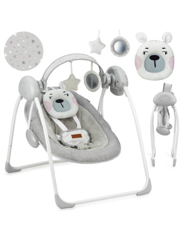 KC-BULE00014,Leagan pentru bebelusi, momi liss bear pink, 5 viteze de balansare, cronometru, alimentare baterii, 8 melodii, 2 ju