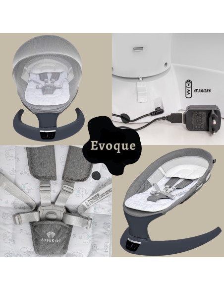 KC-AK275961,Leagan electric pentru bebelusi, cu spatar reglabil si senzor de miscare, appekids evoque - powder grey