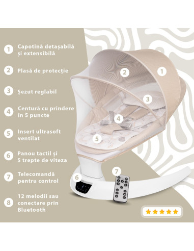 KC-AK275978,Leagan electric pentru bebelusi, cu spatar reglabil si senzor de miscare, appekids evoque - bubble beige KC-AK275978,Leagan electric pentru bebelusi, cu spatar reglabil si senzor de miscare, appekids evoque - bubble beige