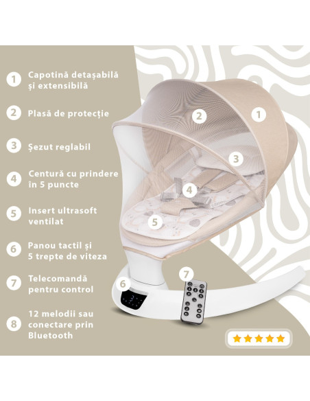 KC-AK275978,Leagan electric pentru bebelusi, cu spatar reglabil si senzor de miscare, appekids evoque - bubble beige KC-AK275978,Leagan electric pentru bebelusi, cu spatar reglabil si senzor de miscare, appekids evoque - bubble beige