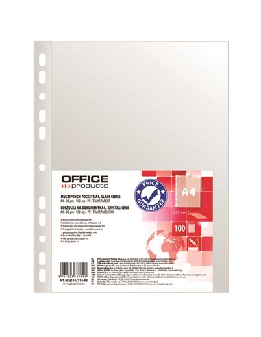 Folie protectie pentru documente Office Products A4, 30 microni, 100 folii/set, Transparenta
