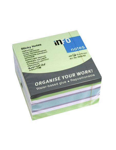Bloc notite adezive Info Notes, 75 x 75 mm, 450 file, Verde pal-Alb-Violet-Albastru