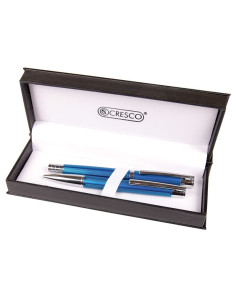 S2475,Set cadou stilou + pix Cresco Elegant E850054, corp metalic albastru clips argintiu