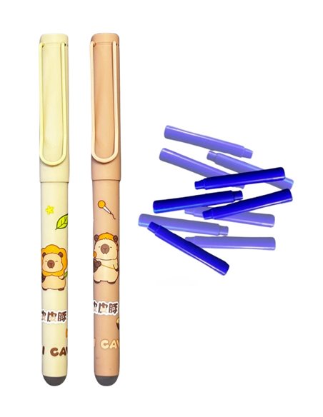 Set 2 stilouri cu cerneala termosensibila + Rezerve, Capybara, Bej/Roz pudra