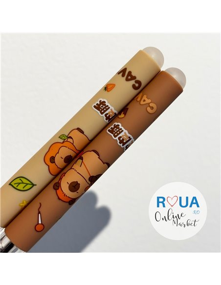 Set 2 stilouri cu cerneala termosensibila + Rezerve, Capybara, Bej/Roz pudra