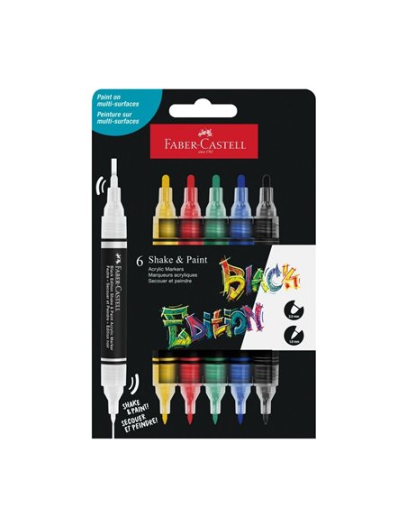 Set 6 markere acrilice FABER-CASTELL shake&paint, culori clasice 