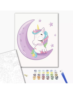 P4297,Set pictura pe numere 30x40cm, Brushme - Unicorn pe luna - pensule, culori, KBS7119