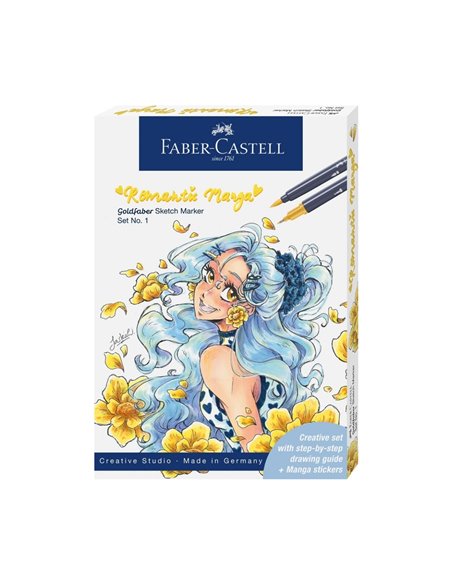 Set romantic Manga No.1 Faber-Castell FC164701, 8 bucati sketch markere goldfaber + 2 pitt artist pen + creion grafit